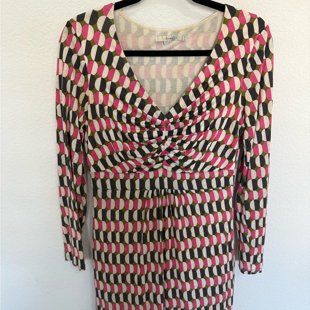 BODEN Geometric Print Long Sleeve Ruched Sheath Dress Size 8 Pink Green White - Picture 5 of 11